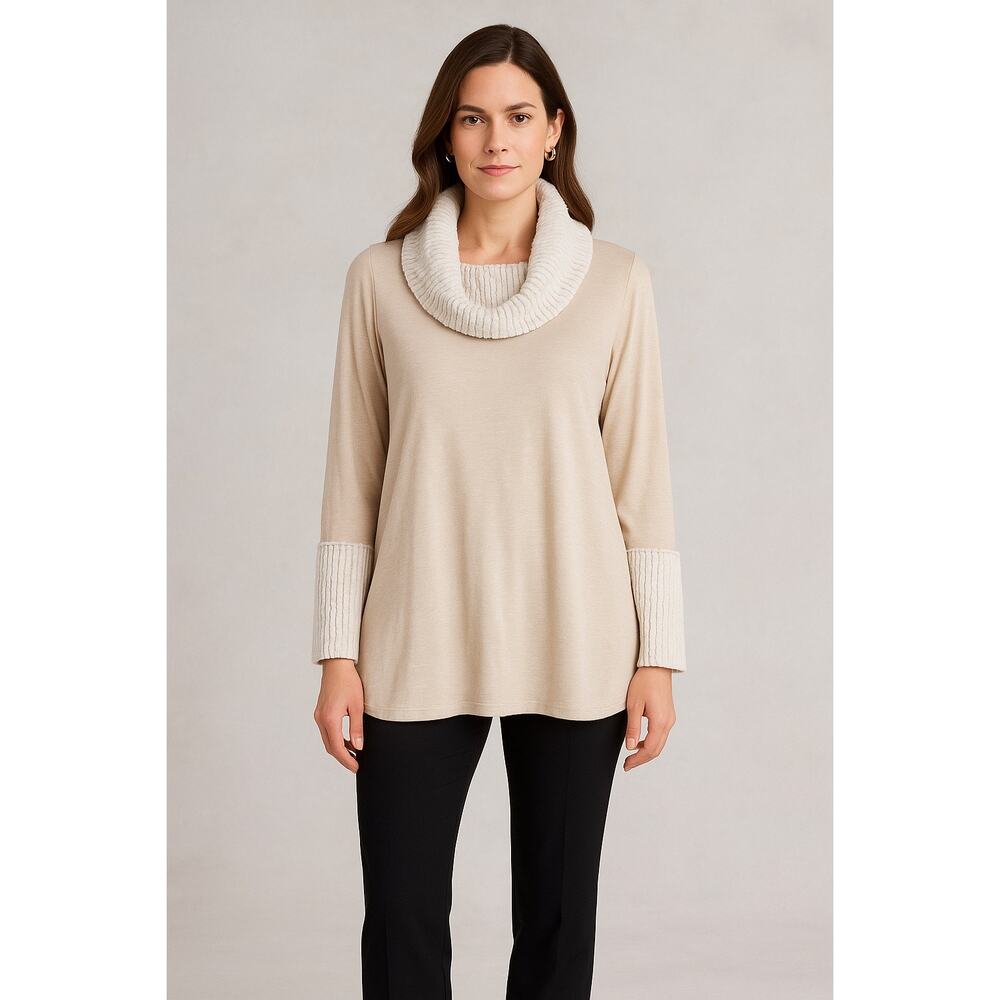 Boho Soft Surroundings Womens M Faux Fur Cowl Neck Cream Cozy Cottage Tunic